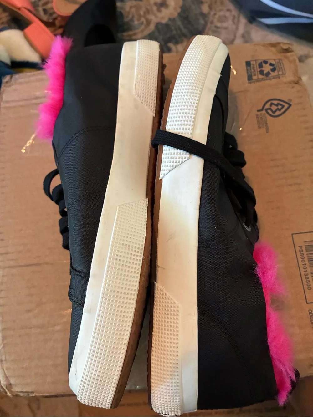 Superga Women's Black Sneakers with Hot Pink Faux Fur Lining, size 10W